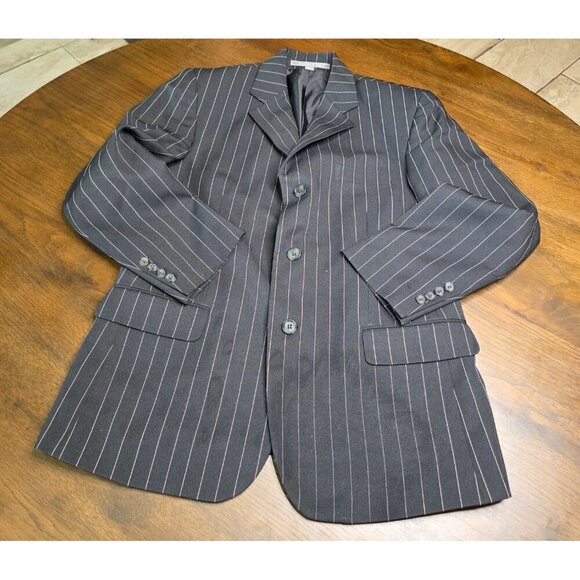 Mens Black Pinstripe Blazer 38S Wool Feel By Burnei Hand Tailored - Picture 10 of 16